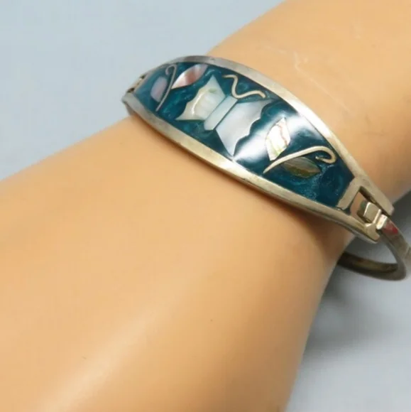 1970's MOP and Blue enamel Butterfly Alpaca Silver Hinged Bracelet - Picture 3 of 10